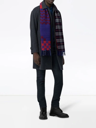 Shop Burberry Reversible Graphic And Check Wool Cashmere Scarf - Blue