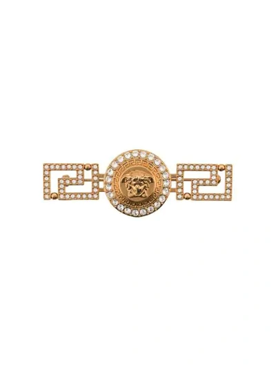 Shop Versace Crystal Medusa Brooch In Gold