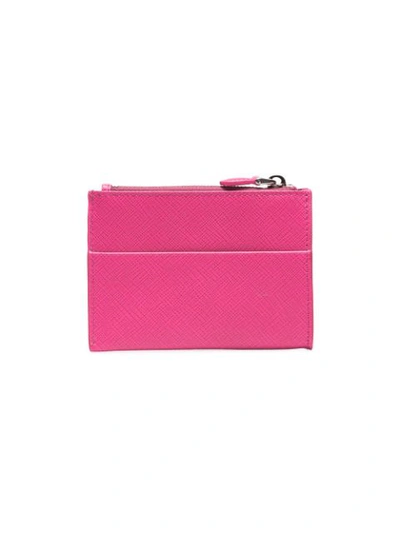 Shop Prada Fluorescent Pink Logo Plaque Zip Leather Purse