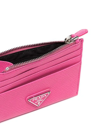Shop Prada Fluorescent Pink Logo Plaque Zip Leather Purse