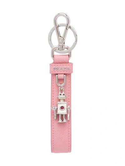 Shop Prada Robot-charm Leather Keychain In Pink