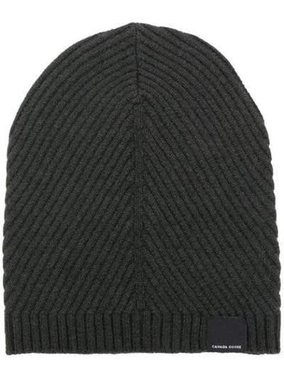 Shop Canada Goose Ribbed Beanie Hat In Grey