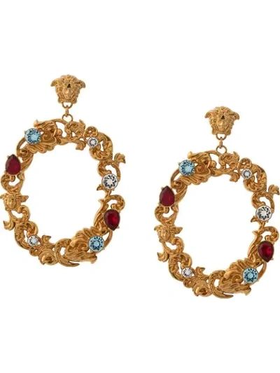 Shop Versace Embellished Baroque Hoop Earrings In Kmct