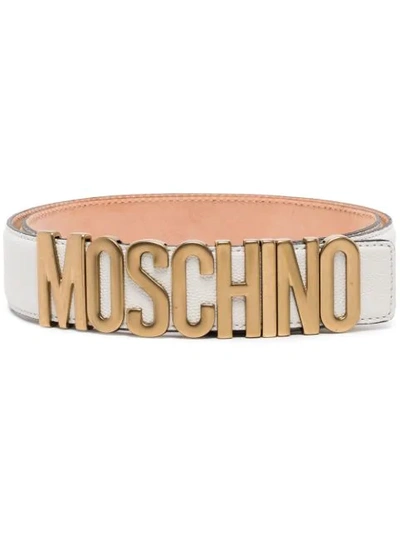 Shop Moschino Logo Leather Belt In White