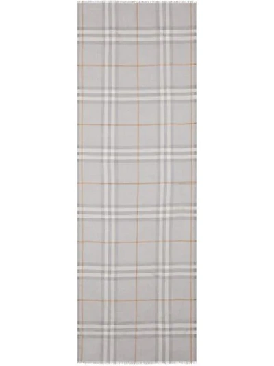 Shop Burberry Lightweight Check Wool Silk Scarf In Grey