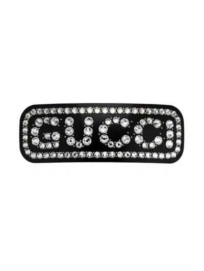 Shop Gucci Crystal Logo Hair Clip In Black