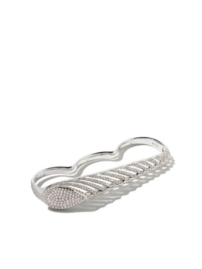 Shop As29 18kt White Gold Spine Diamond Three-finger Ring In Silver