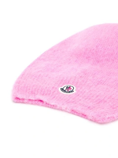 Shop Moncler Logo Plaque Beanie Hat In 545 Pink 