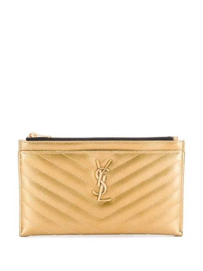 Shop Saint Laurent Quilted Monogram Pouch In Yellow