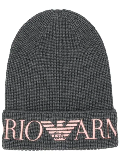 Shop Emporio Armani Logo Embroidered Beanie Hat In Grey