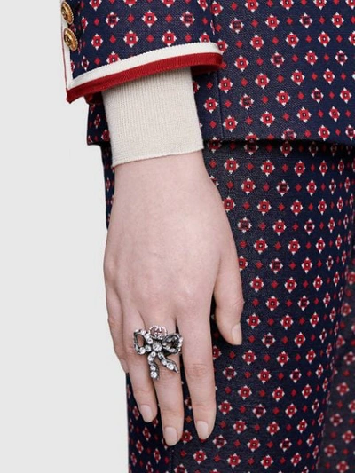 Shop Gucci Metal Bow Ring With Crystals In Metallic