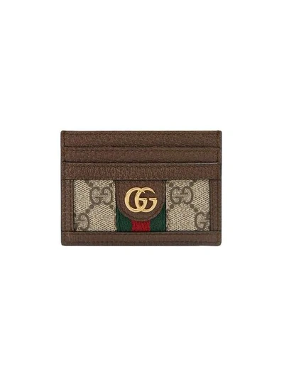 Shop Gucci Ebony Ophidia Leather Cardholder In Brown