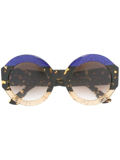 Shop Gucci Blue And Brown Oversized Round Frame Sunglasses