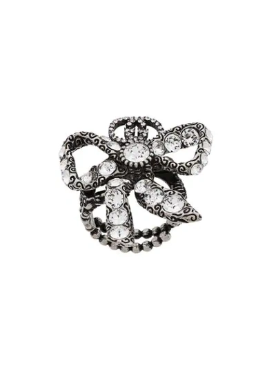 Shop Gucci Crystal Embellished Bow Ring In Silver