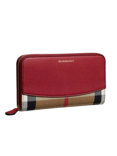 Shop Burberry House Check And Leather Ziparound Wallet - Red