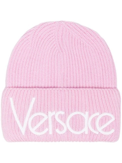 Shop Versace Pink Logo Knit Beanie