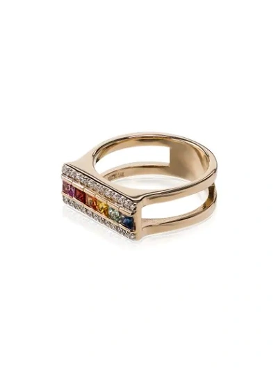 Shop Mateo 14kt Gold Rainbow Sapphire Bar Ring In Multicoloured