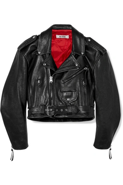 Shop Re/done 80s Cropped Leather Biker Jacket In Black
