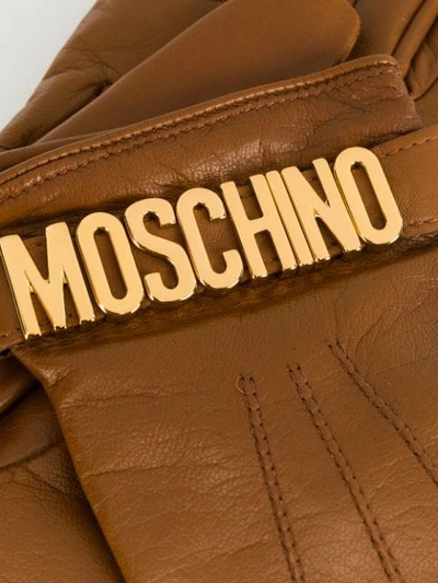 Shop Moschino Logo Plaque Gloves In Brown