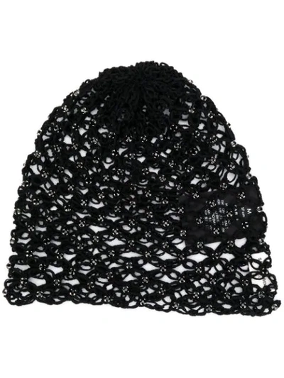 Shop Saint Laurent Embellished Open Knit Hat In Black