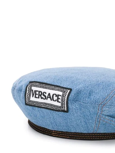 Shop Versace Denim Beret In Blue