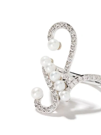 Shop As29 18kt White Gold Lucy Pearl And Diamond Knuckle Ring In Silver