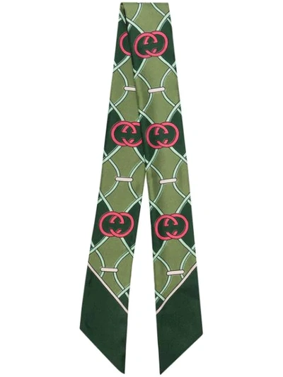 GUCCI GREEN AND RED GG LOGO PRINT SILK SCARF - 绿色