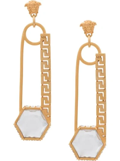 Shop Versace Crystal Embellished Safety Pin Earrings In Gold