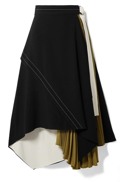 Shop Proenza Schouler Draped Pleated Wrap-effect Crepe Midi Skirt In Black