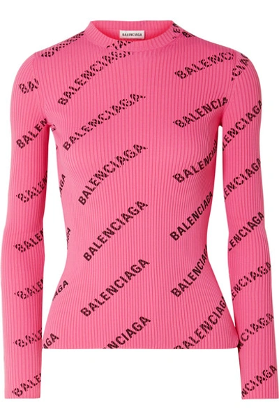 Shop Balenciaga Printed Ribbed-knit Top In Pink