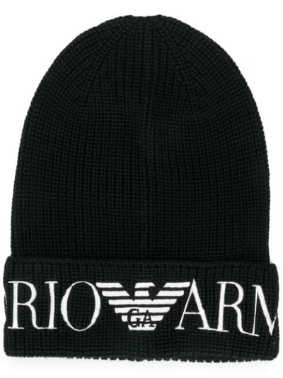 EMPORIO ARMANI LOGO BEANIE HAT - 黑色