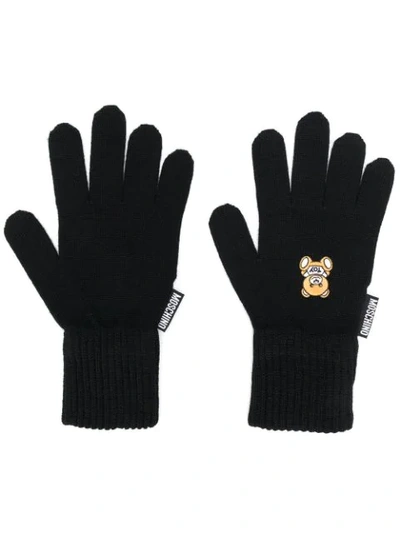 Shop Moschino Knitted Teddy Gloves In Black