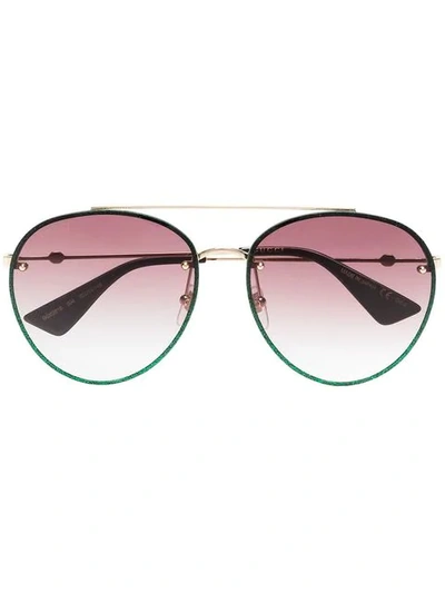 Shop Gucci Green Glitter Aviator Sunglasses In Metallic