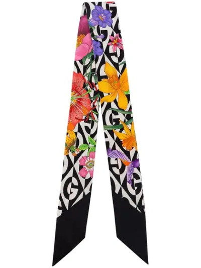 Shop Gucci Logo Floral Print Silk Scarf In Multicolour