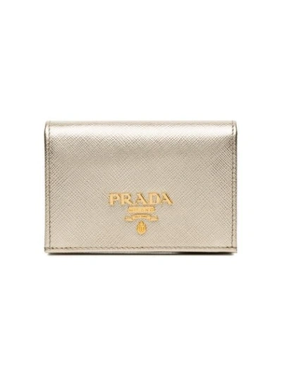 Shop Prada Metallic Gold Logo Saffiano Leather Wallet