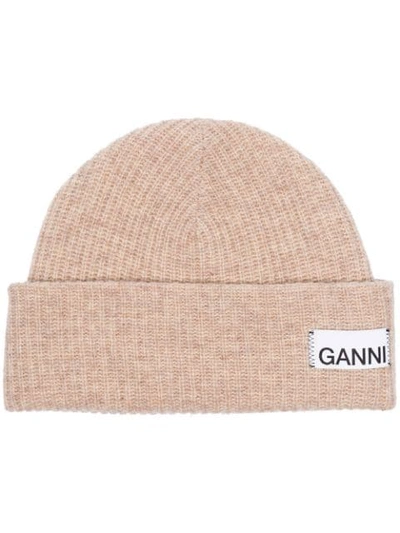 Shop Ganni Knitted Beanie Hat In 180 Tapioca