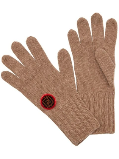 Shop Fendi Logo Patch Knitted Gloves - Brown