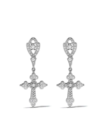 Shop Loree Rodkin 18kt White Gold Diamond Cross Drop Earrings