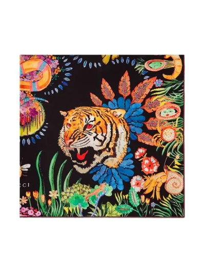 Shop Gucci Tigers And Kingsnake Print Silk Scarf - Black