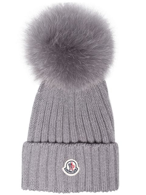 Moncler Grey Wool Beanie Hat With Pom Pom | ModeSens