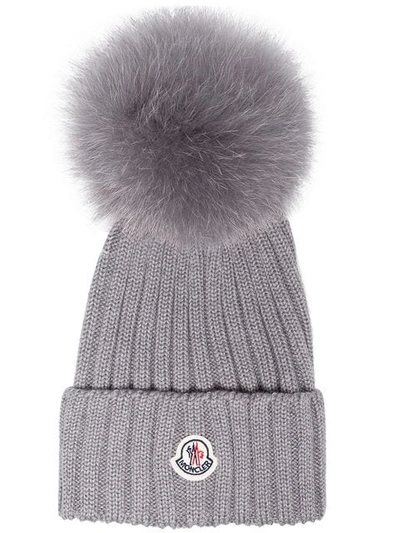Shop Moncler Grey Wool Beanie Hat With Pom Pom