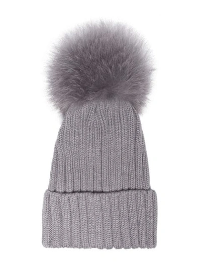 Shop Moncler Grey Wool Beanie Hat With Pom Pom