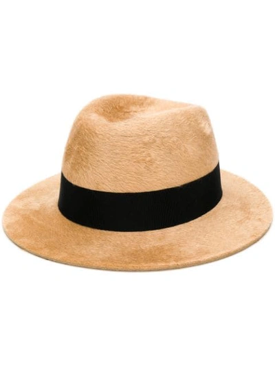 Shop Saint Laurent Shaggy Effect Fedora Hat In 2760 -light Brown/black