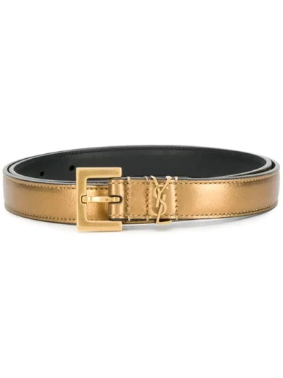 Shop Saint Laurent Metallic Monogram Detail Belt In Gold