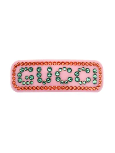 Shop Gucci Crystal Logo Hair Clip In Pink