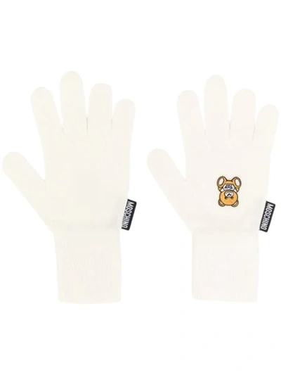 Shop Moschino Knitted Teddy Gloves In White
