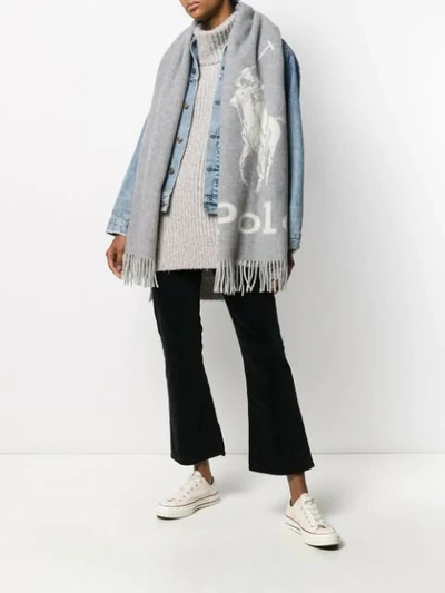 Shop Polo Ralph Lauren Fringed Knit Logo Scarf In Grey