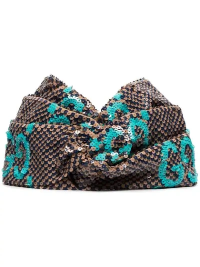 Shop Gucci Multicoloured Sequined Head Wrap In Brown