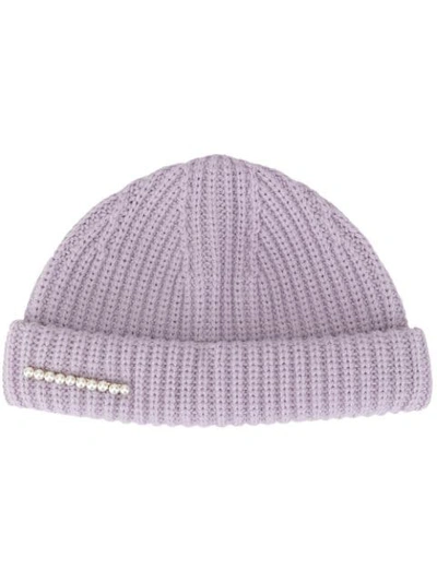 Shop Federica Moretti Pearl-embellished Beanie Hat In Purple