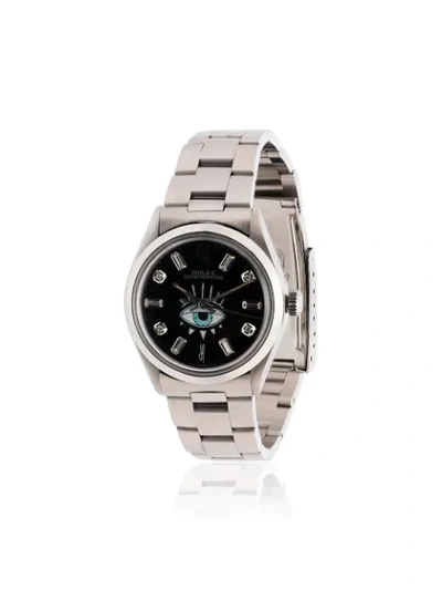 Shop Jacquie Aiche Customised Black Rolex Eye Stainless Steel Watch In Silver